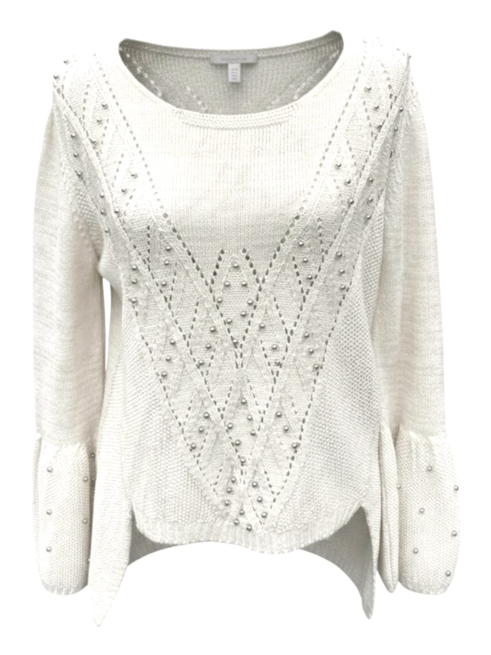 Ivory Metallic Fleck Scoop Neck Pointelle Bead Bell Sleeve Sweater (M)